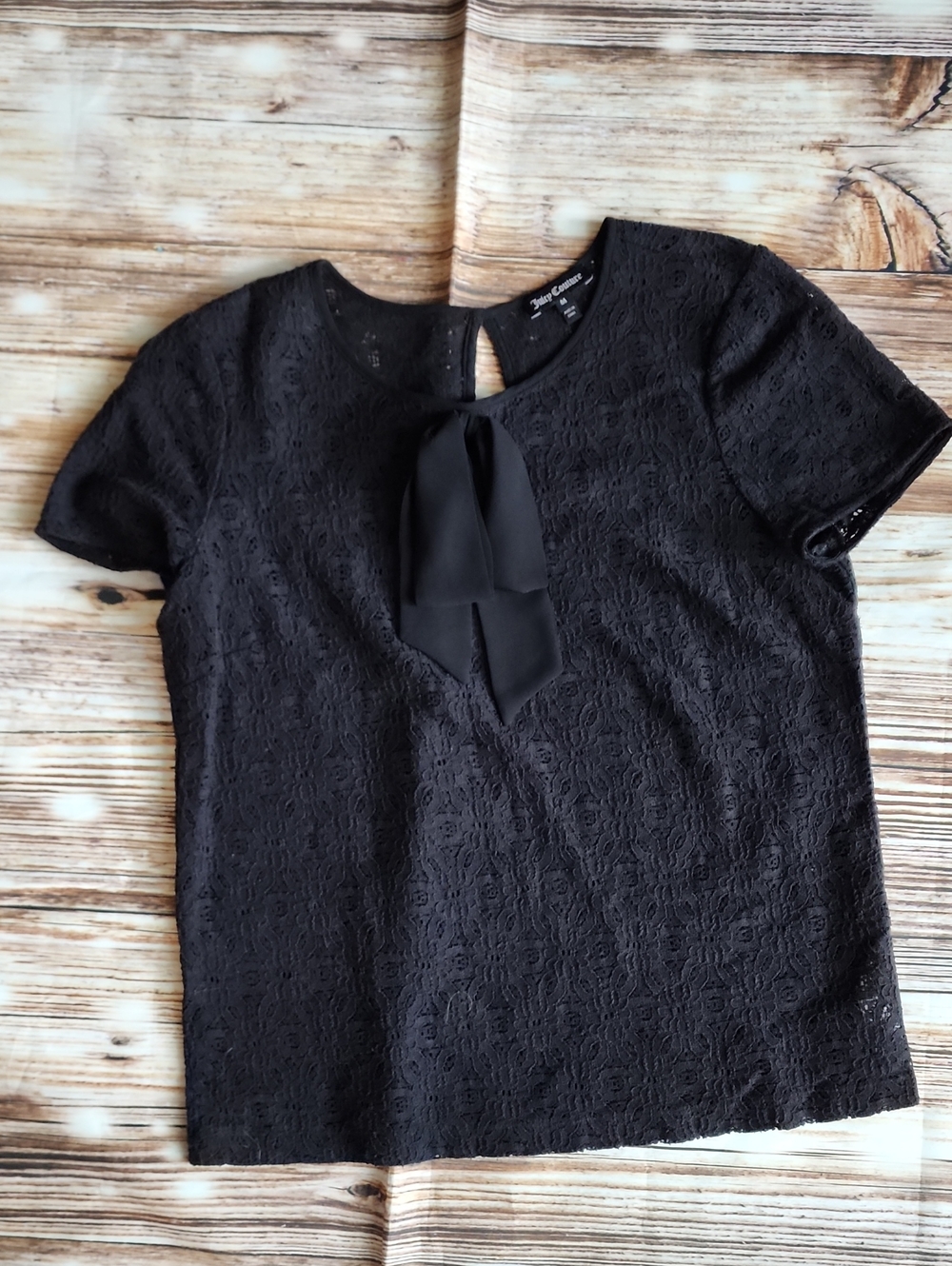 Juicy Couture Black Lace Bow-Front Short Sleeve Blouse